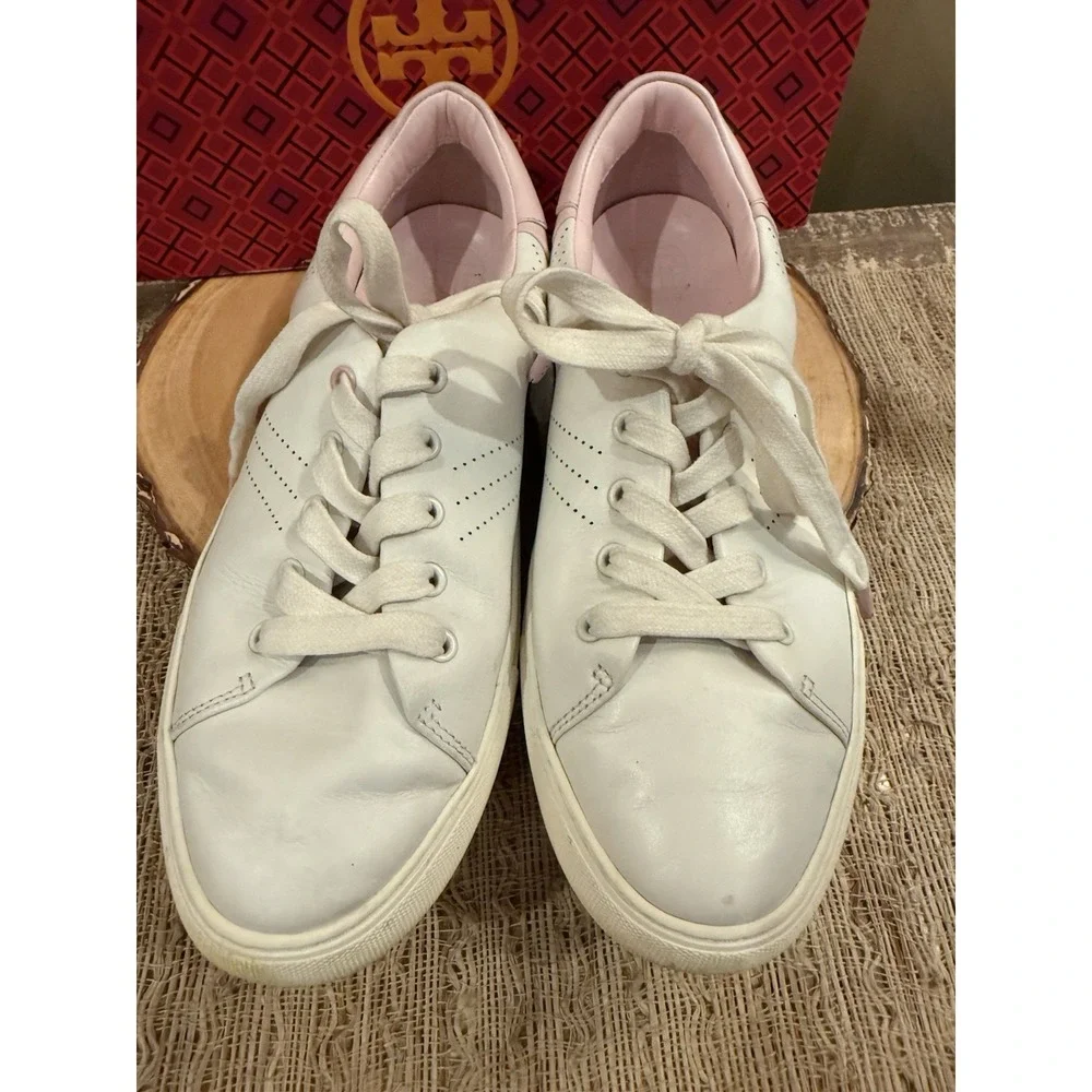 TORY BURCH Perforated Lace-Up Golf Sneakers Snow White Pink Cotton Sz-9.5